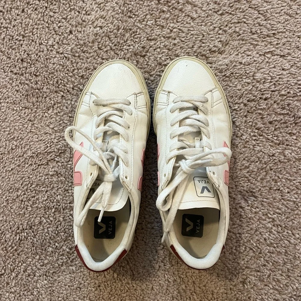 Veja White Sneakers with Pink V and Burgundy Heel Tab - Picture 2 of 7